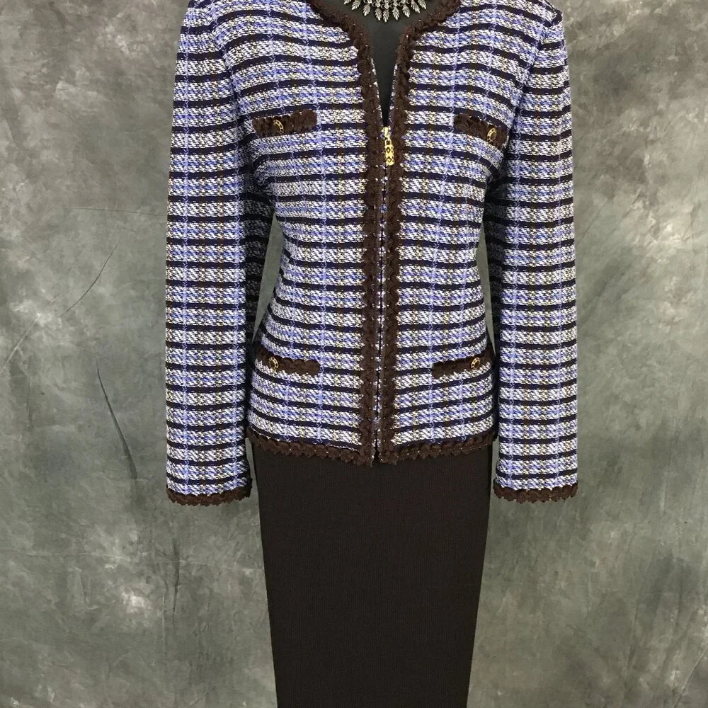 BEAUTIFUL St John collection knit blue brown multi jacket skirt suit size 8 - Picture 3 of 10